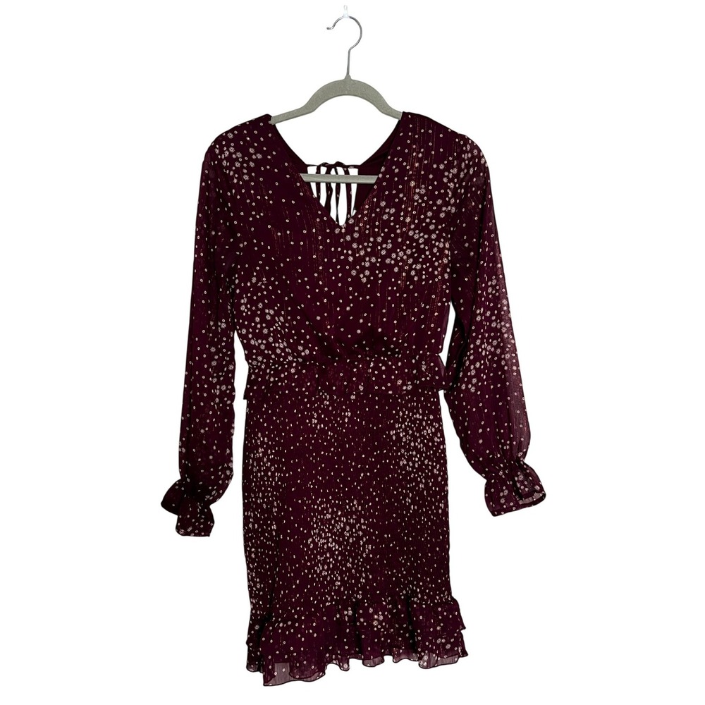 Burgundy Floral Smocked Mini Dress Long Sleeve Metallic Ruffle Hem V-Neck
